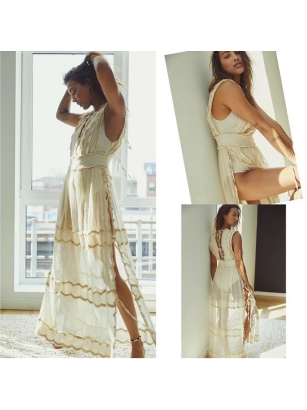 NWT Free People Cream Sleeveless Boho Maxi Dress with Bodysuit